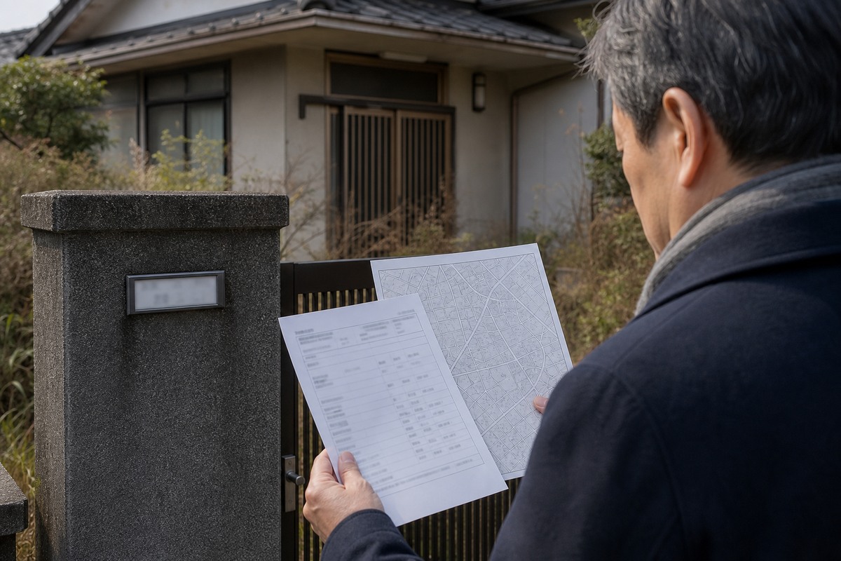 空き家の住所表示と課税明細の地番を地図で照合する所有者
