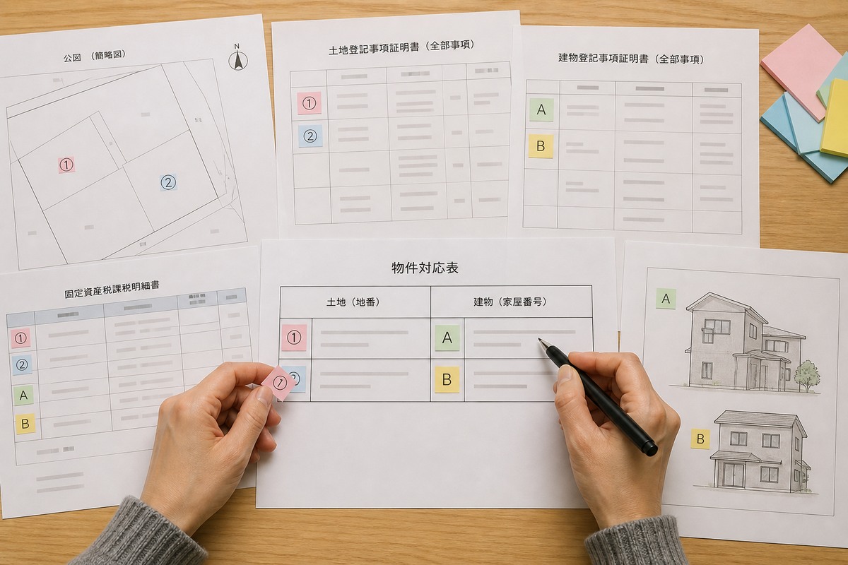複数の土地地番と建物家屋番号を登記と課税明細から対応表へ整理する手元