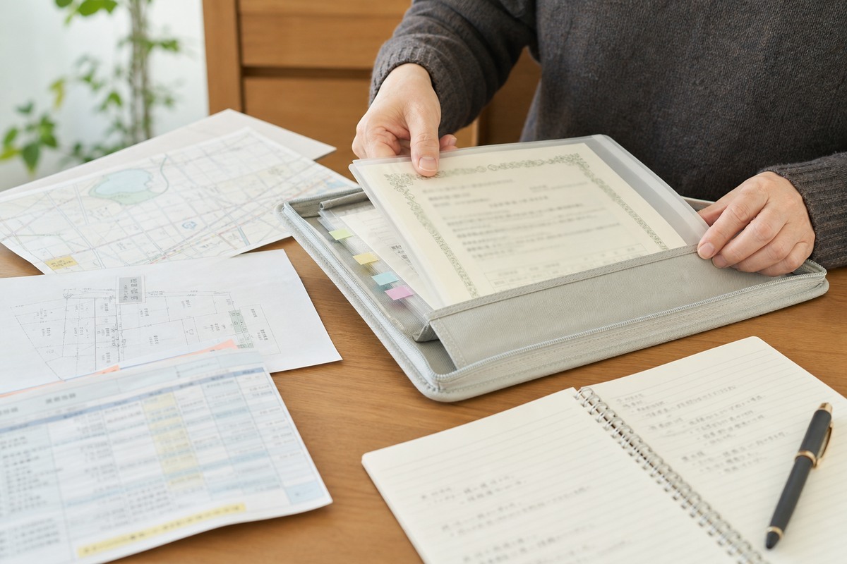 地番と家屋番号を法務局へ確認するため権利証類や課税明細を準備する手元