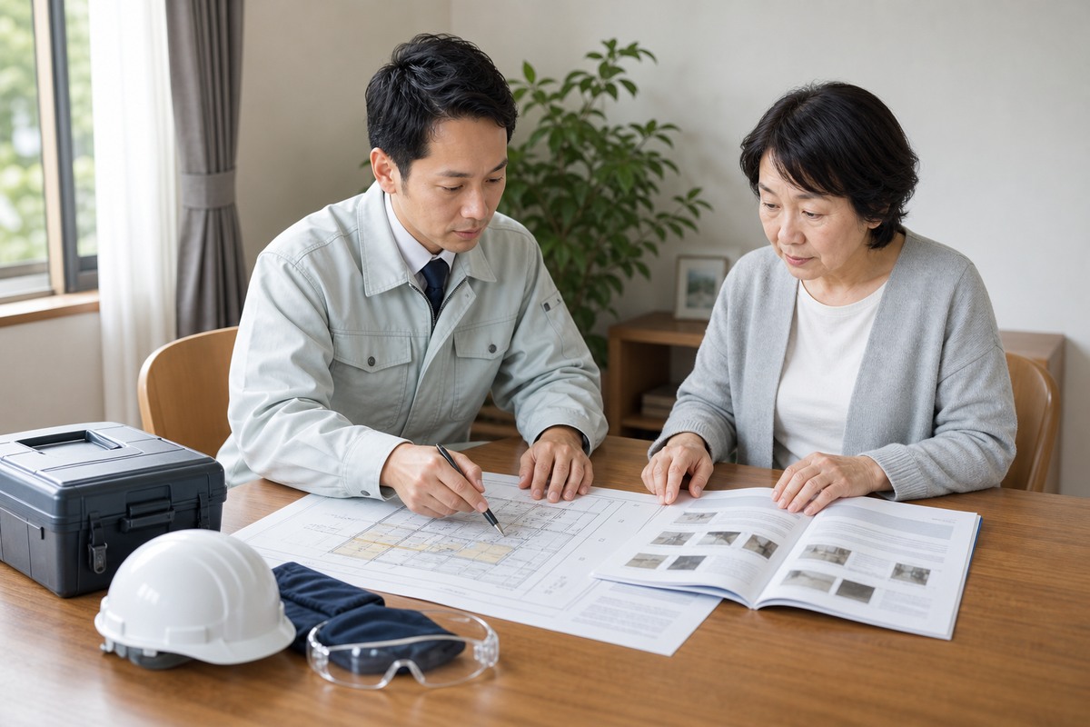 石綿事前調査の結果を建物図面の部位と照らして確認する打合せ