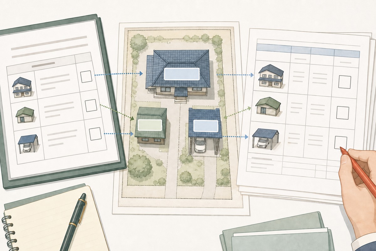 解体した母屋や物置を配置図と登記と課税明細で一棟ずつ照合する手元