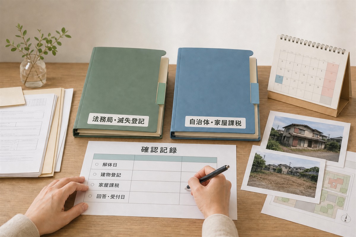 建物滅失登記と自治体の家屋課税について相談する資料を二つに分ける手元