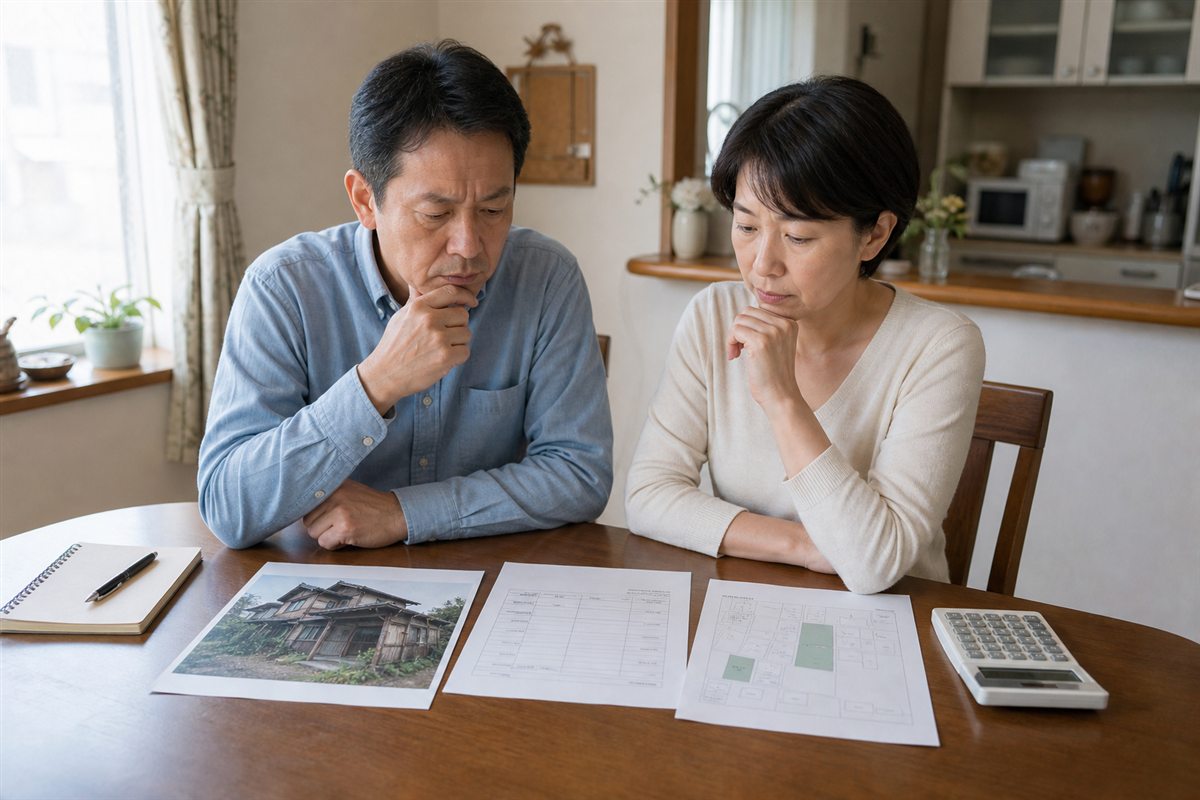 古家付き売却と解体後売却の費用資料を並べて比較するイメージ