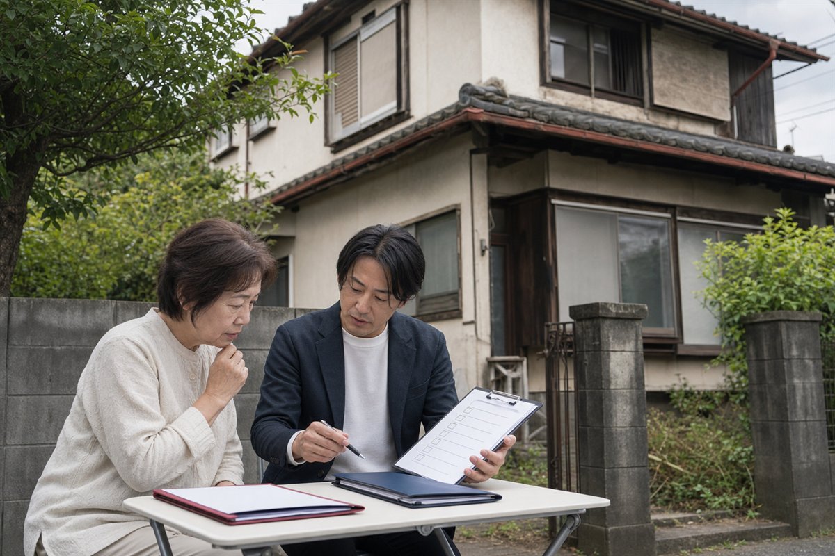 空き家の前で解体見積書と自治体の案内を確認する家族