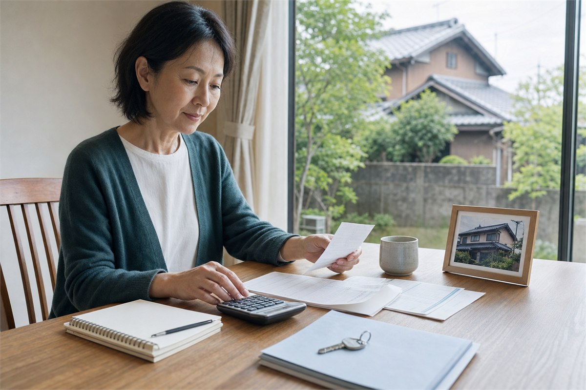 空き家の年間負担を、書類と電卓を使って整理する女性