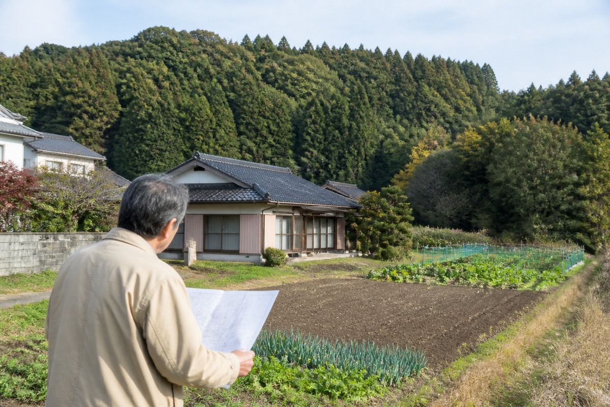 相続した家と周辺の農地や山林を地図で確認する所有者