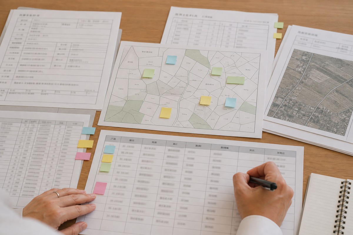 農地や山林を含む複数筆の登記と課税明細を一覧表で照合する手元