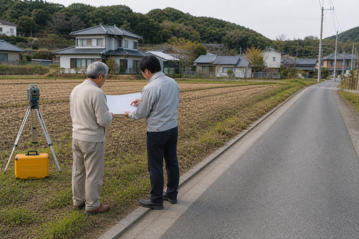 農地の境界資料を公道から現況と照らして確認する所有者と土地家屋調査士