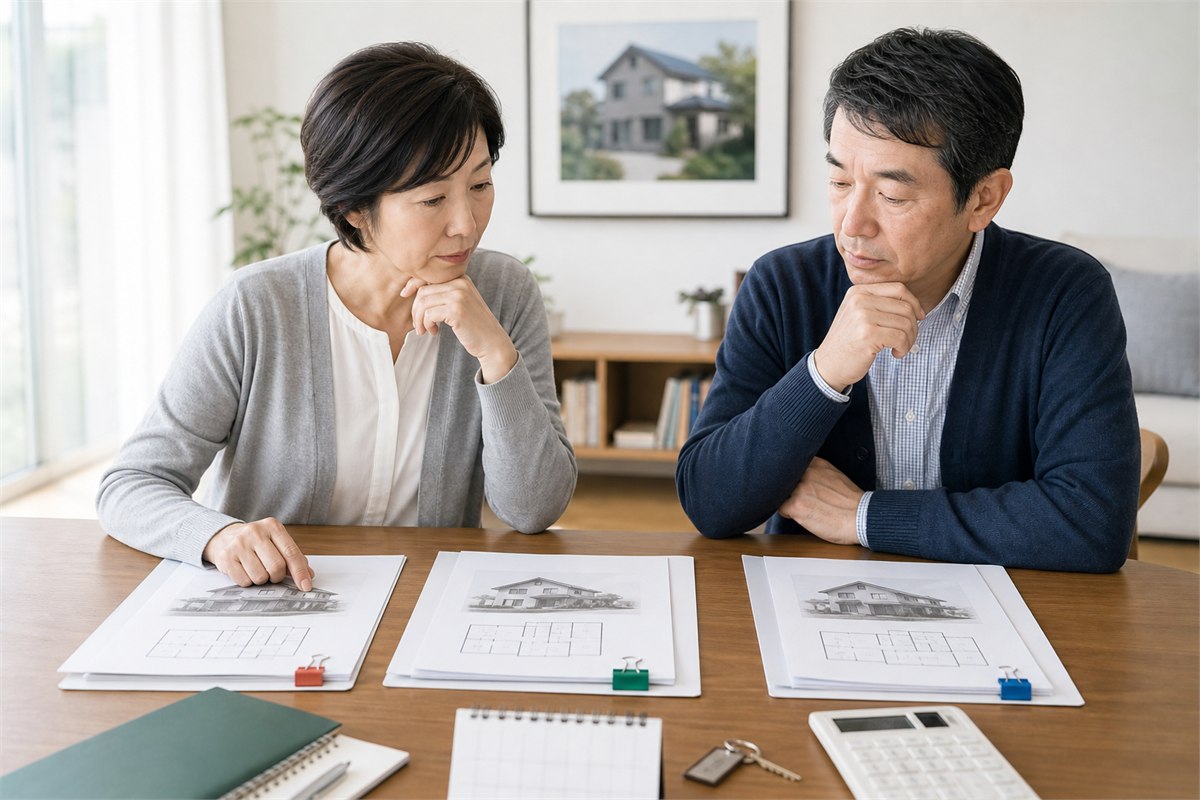 相続した実家の査定資料三社分を兄弟で比較する様子