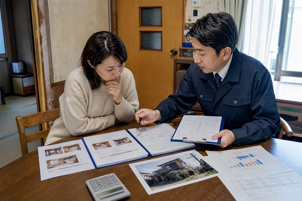 修繕見積書と賃料査定と年間収支表を並べて比較するモデルケースのイメージ