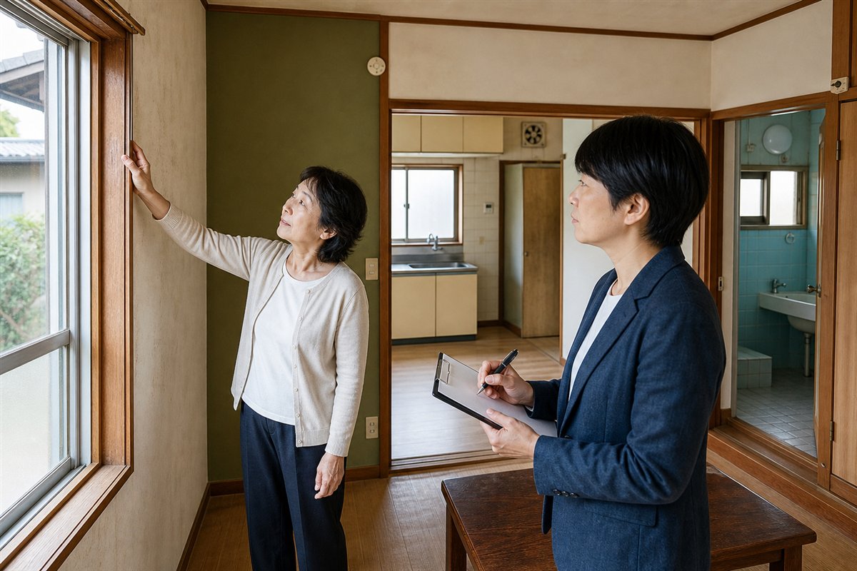 相続した家の室内で修繕箇所と賃貸資料を確認する家族