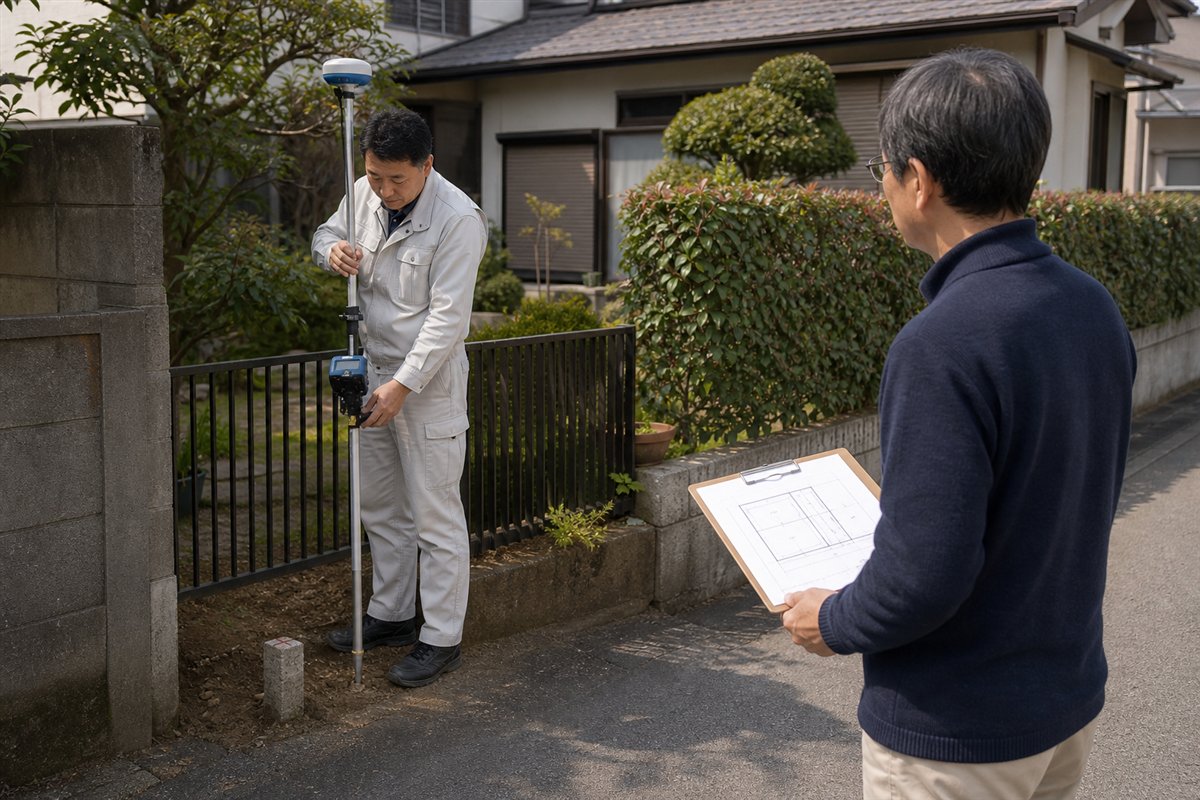 実家の敷地で境界標と図面の位置を確認する様子