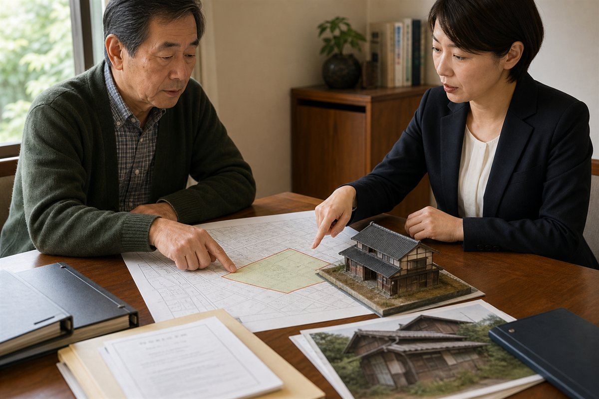 家付きの相続土地について法務局の制度資料を確認する人