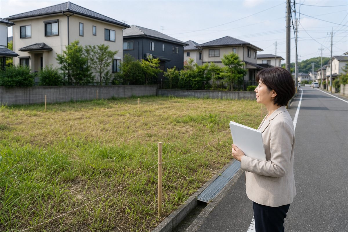 住宅地の空き地を前に、資料を持って活用方法を考える女性