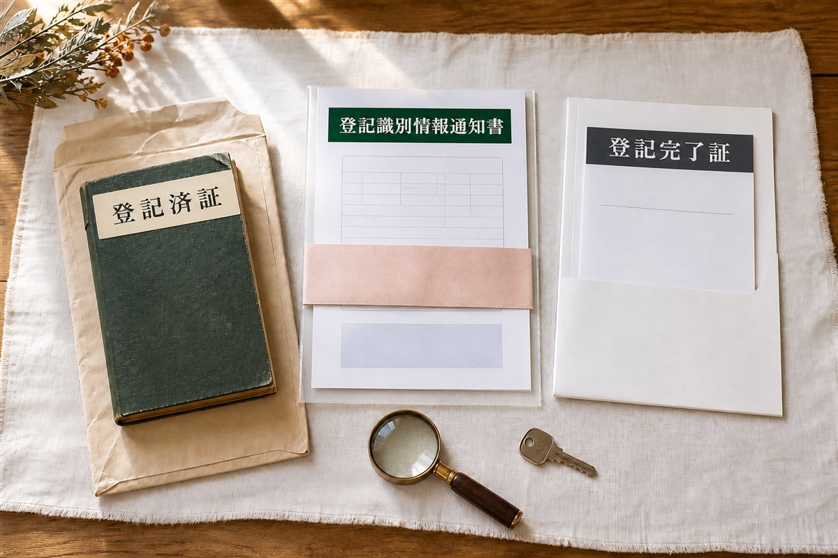 登記済証、登記識別情報通知書、登記完了証の見分け方を整理したイメージ