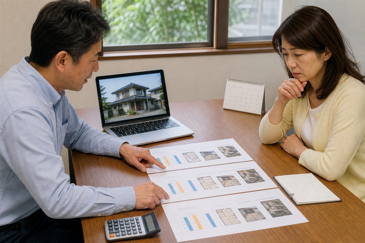 物件写真と問い合わせ記録と価格案を並べて比較するイメージ