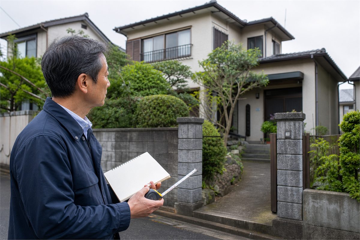 古い家の外観を調査し、状態を記録する担当者