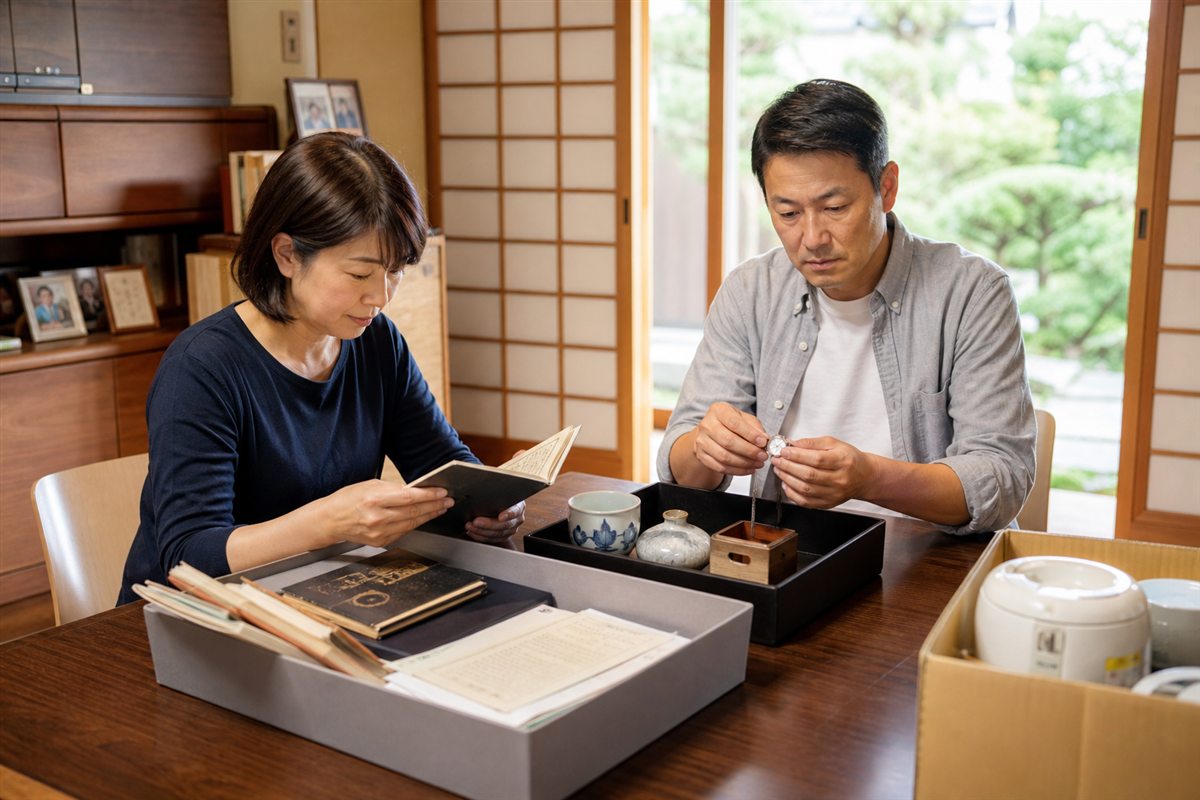親の家の品物を残す物と査定する物と処分する物に分けるイメージ