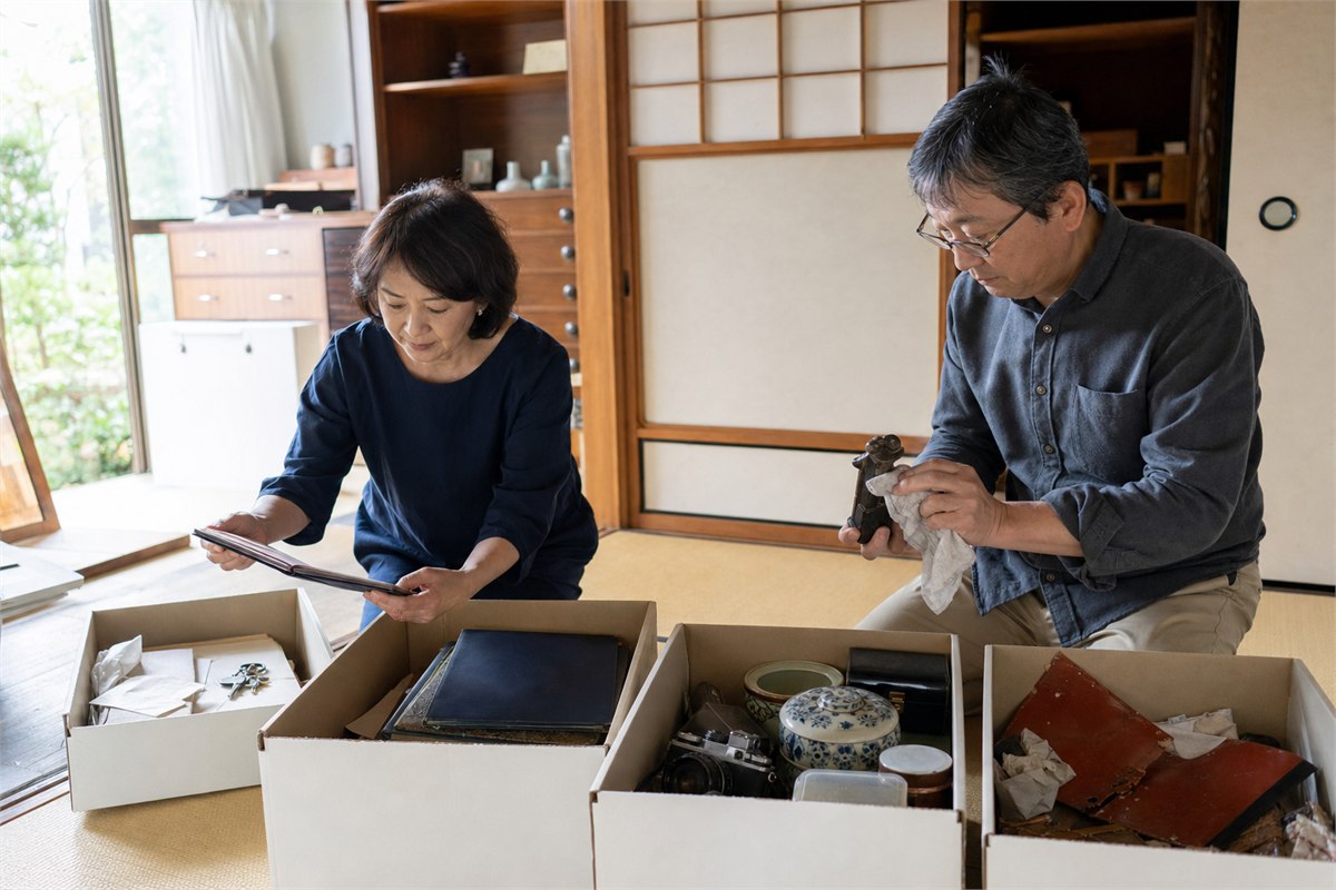 親の家で、兄弟が家財を四つの箱に分けて整理する様子