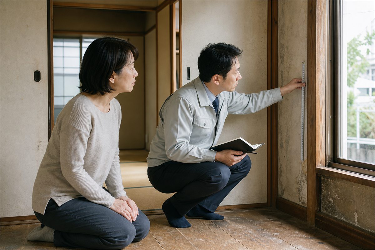 古い家の室内で、壁と窓枠の状態を確認する担当者と所有者