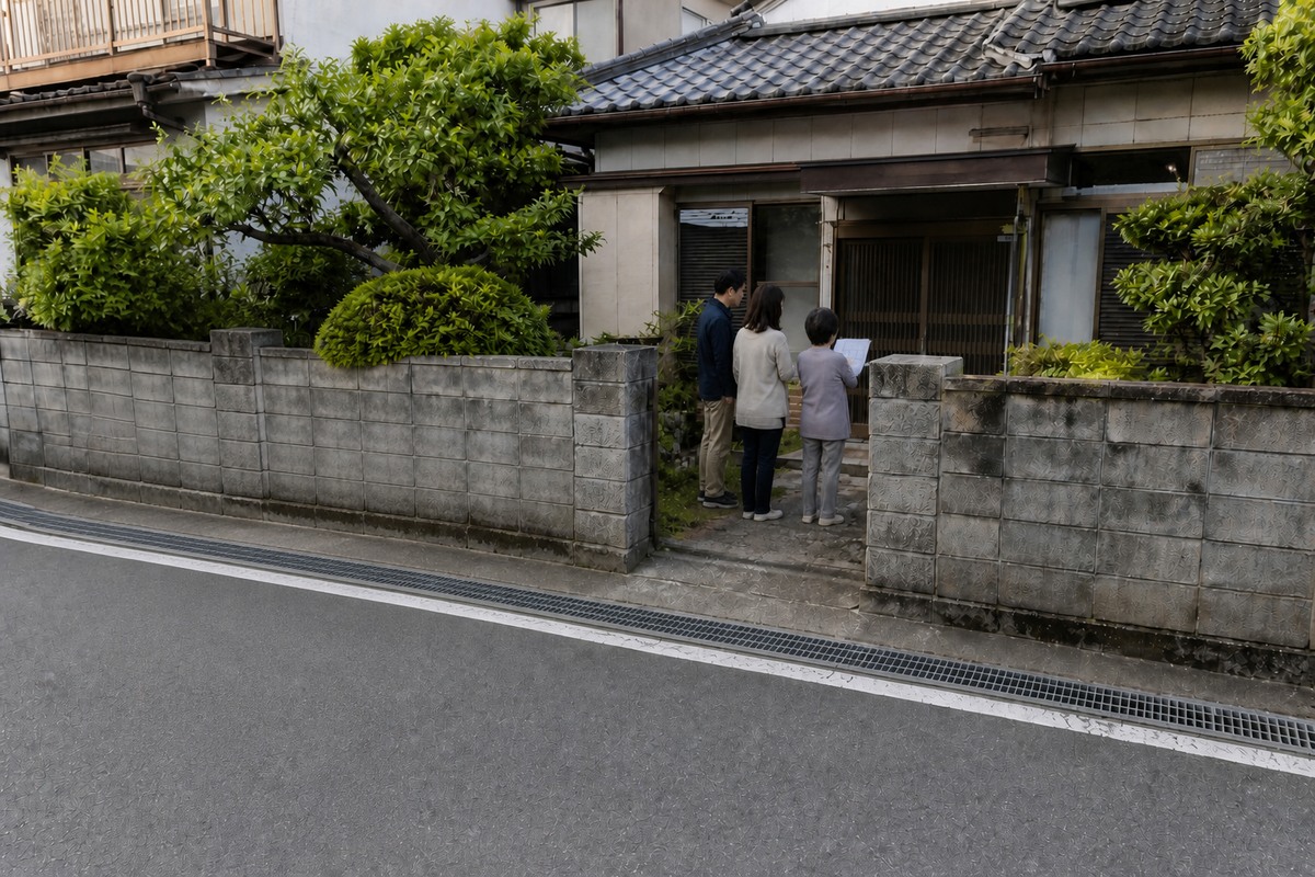 空き家の前面道路と敷地の間口を公図の写しと見比べる家族