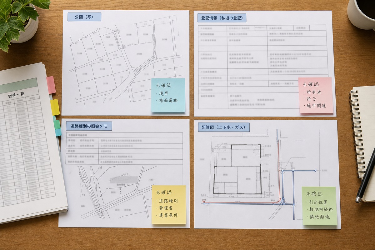 私道の登記、公図、道路種別の照会メモ、配管図を並べた確認表