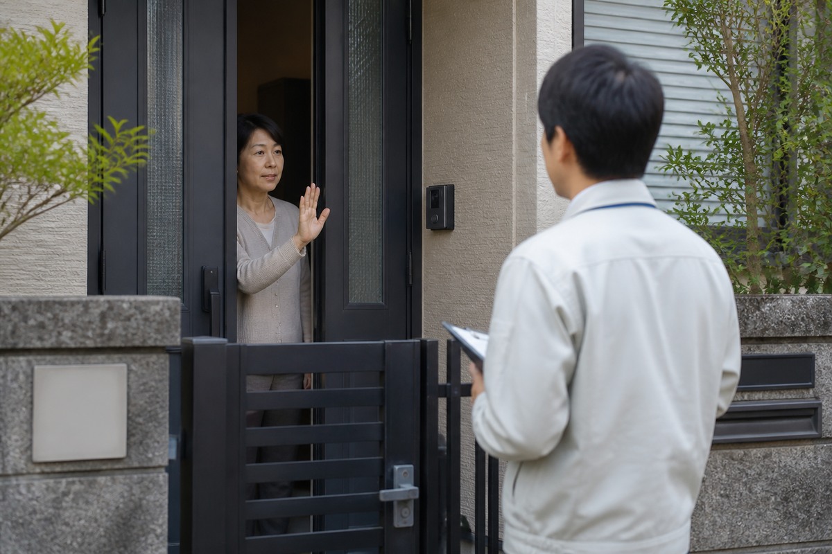 突然の屋根無料点検の訪問者へインターホン越しに断る住人