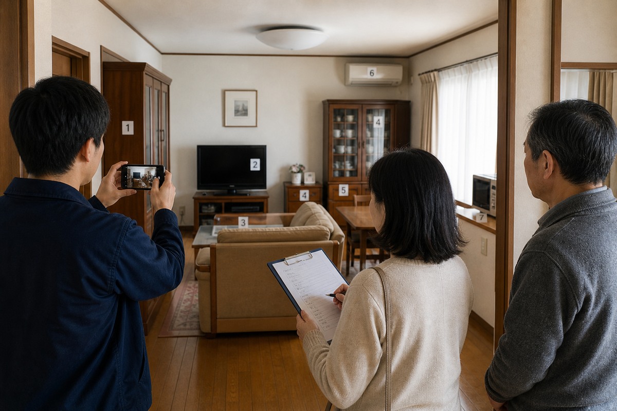 家財が残る居間を入口から撮影し番号を付けて整理する家族