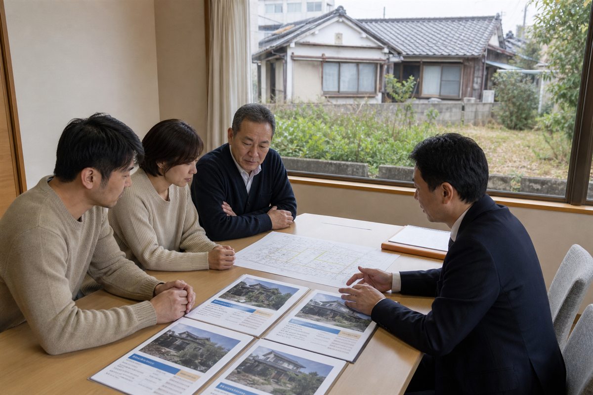 古家付き売却・直接買取・解体後売却の資料を並べて比較するイメージ