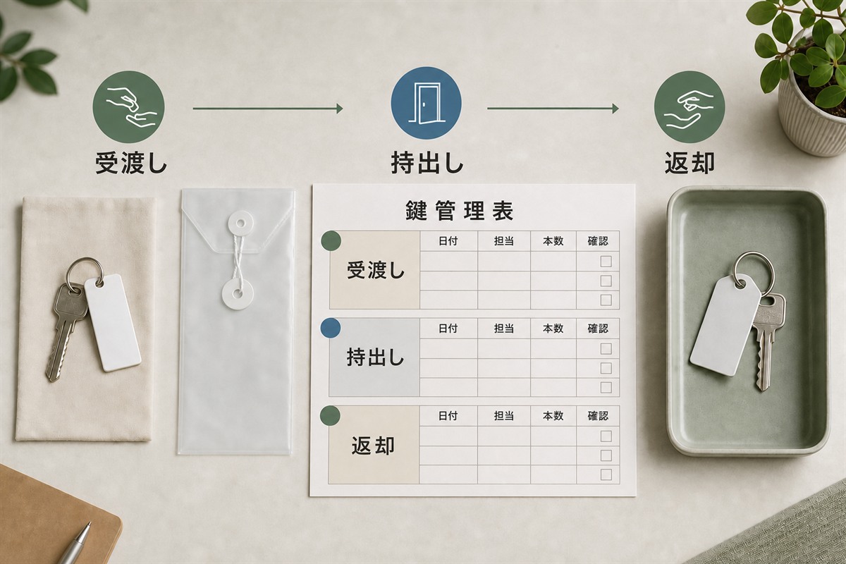 合鍵の受渡しから持出しと返却までを記録する鍵管理表