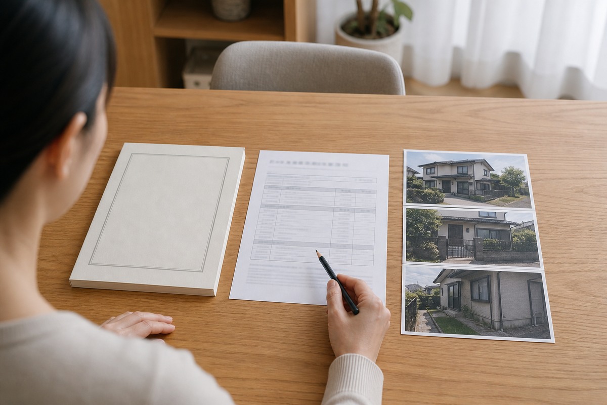 建物の登記資料、課税資料、現況写真を三列で照合する机上