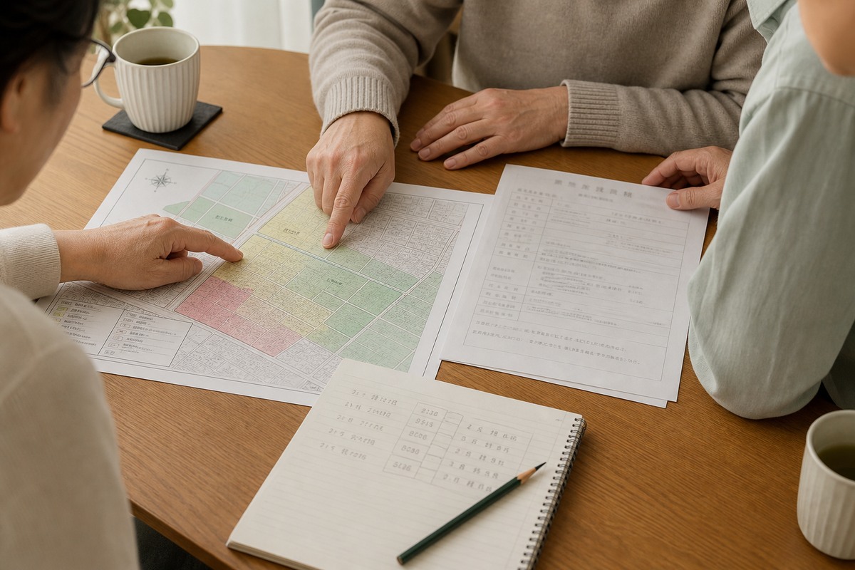 都市計画図と登記事項証明書を見比べ、土地の地番を確認する手元