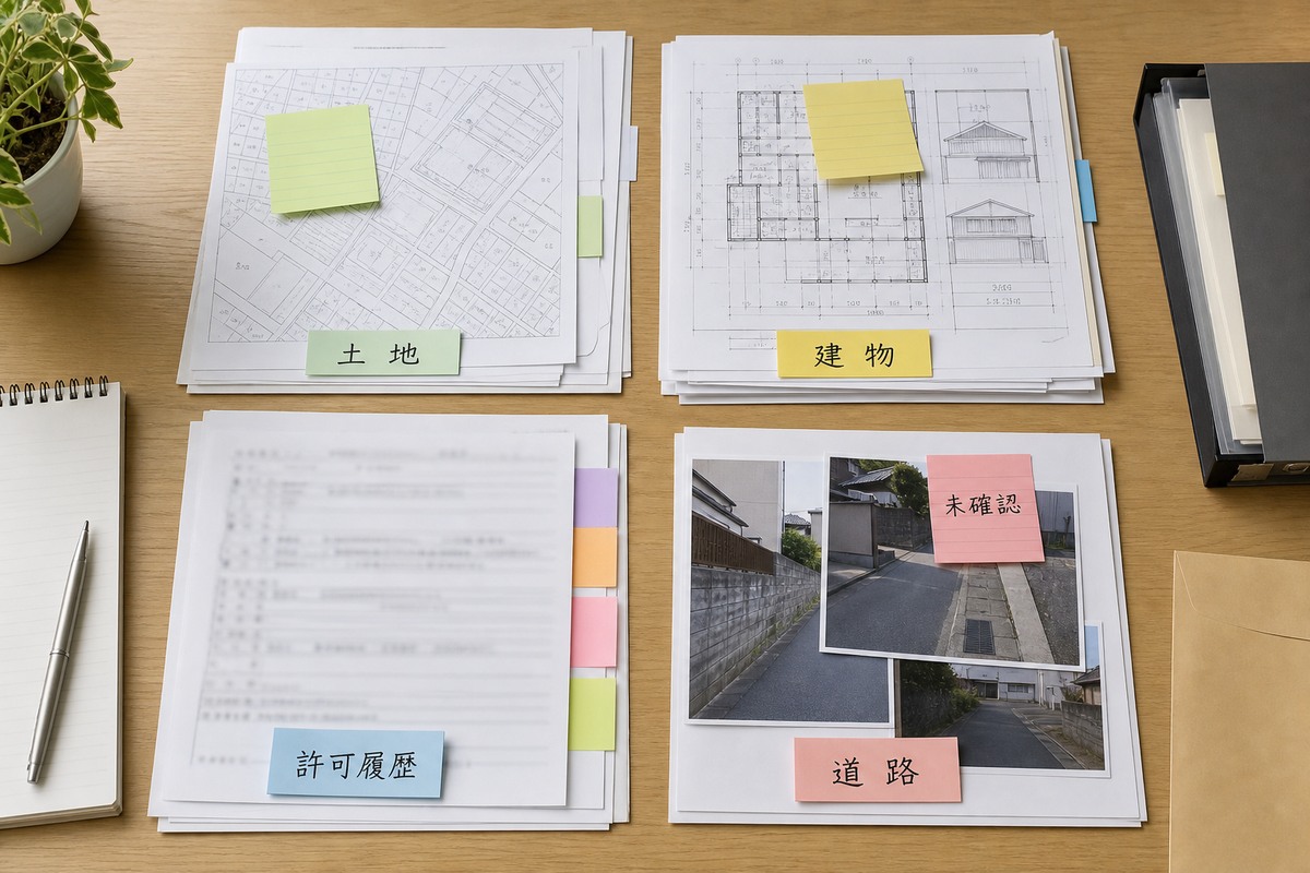 土地、建物、許可履歴、道路の資料を四つに分けた相談準備