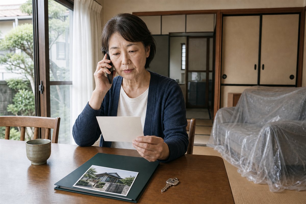 空き家になった実家で火災保険の証券と管理記録を確認する様子
