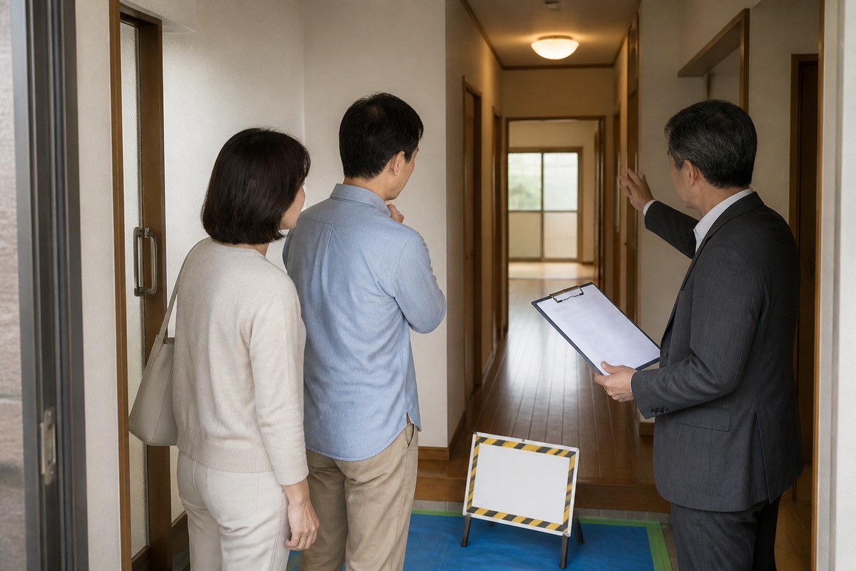 空き家の内覧前に玄関から各室への通路と照明を確認する家族