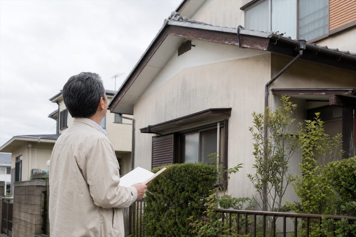 手帳を持ち、空き家の外壁や屋根を確認する男性