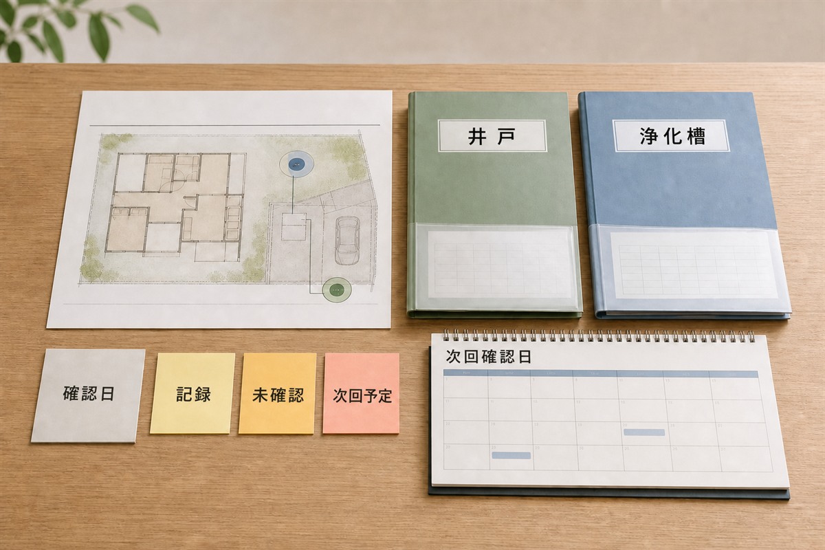 井戸と浄化槽の確認済み事項と未確認事項を引渡し資料にまとめる机上