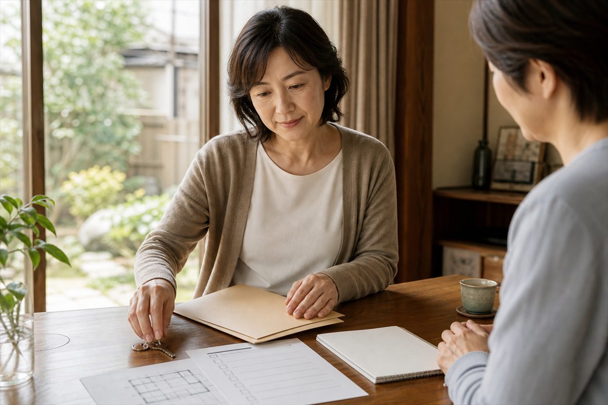 親の家の室内で、家の資料と鍵を机に広げて相談する二人の女性