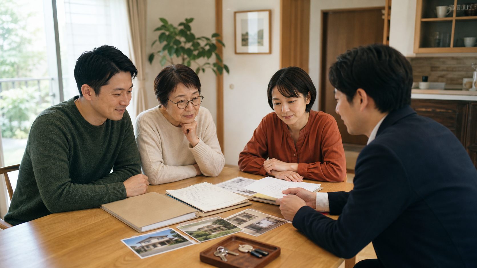 家族で空き家の資料と今後の選択肢を相談している様子