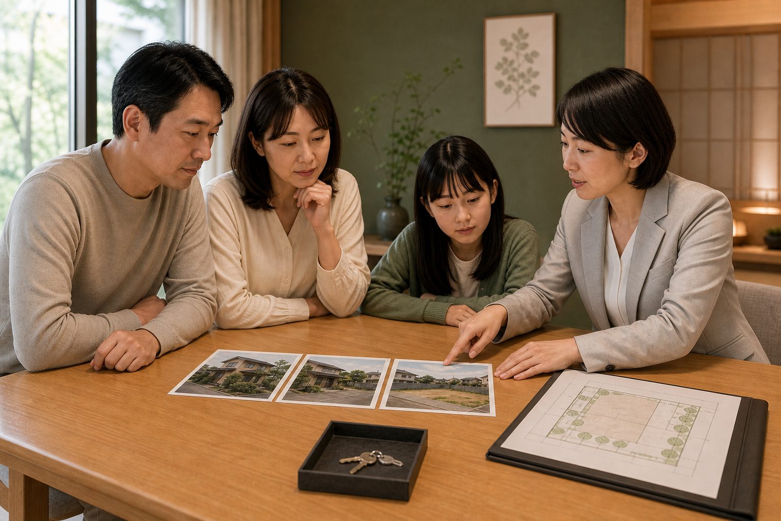 家族が空き家の写真と活用案を相談している様子