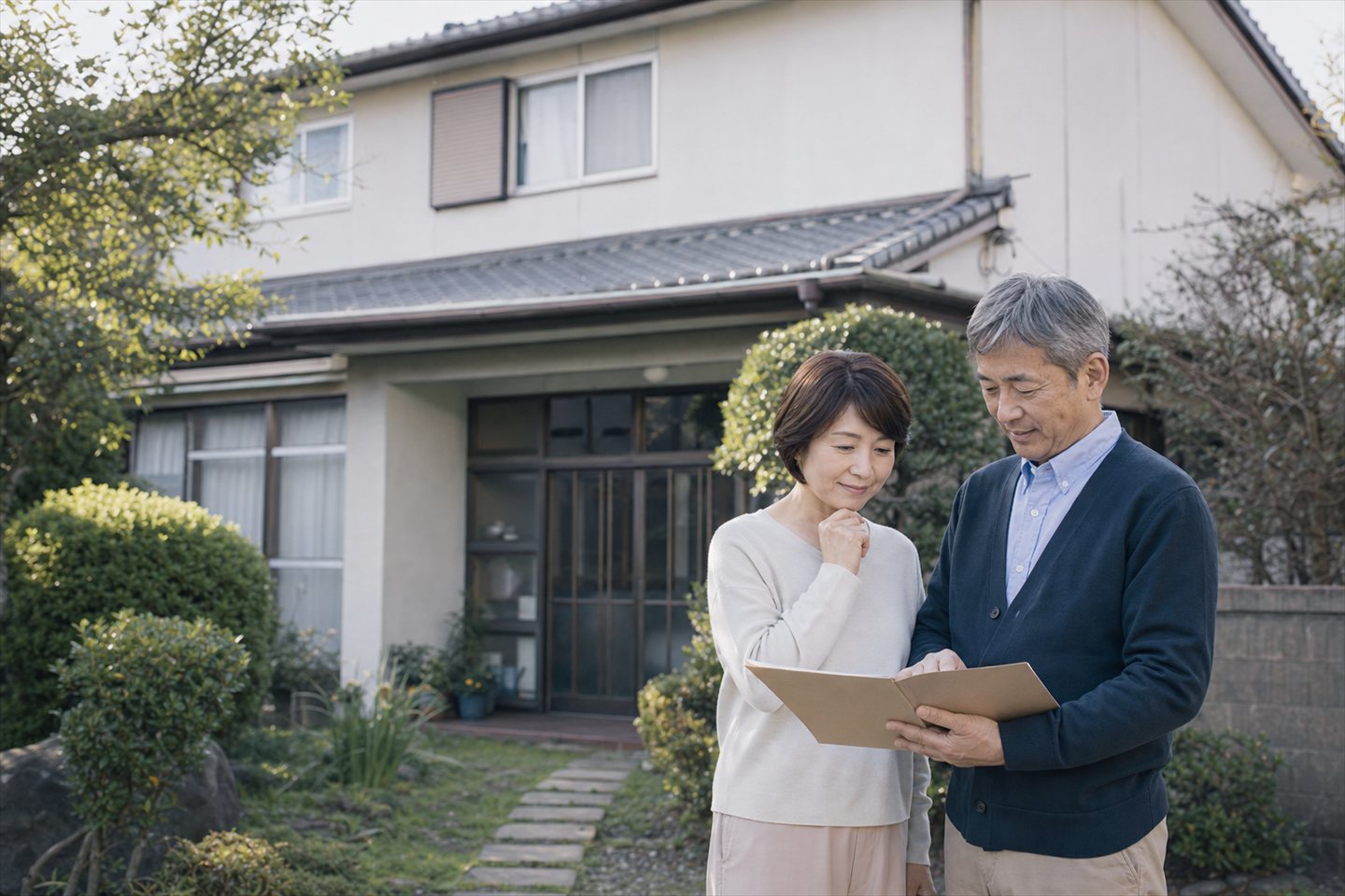 親の家の前で、家についての資料を一緒に確認する中高年の男女